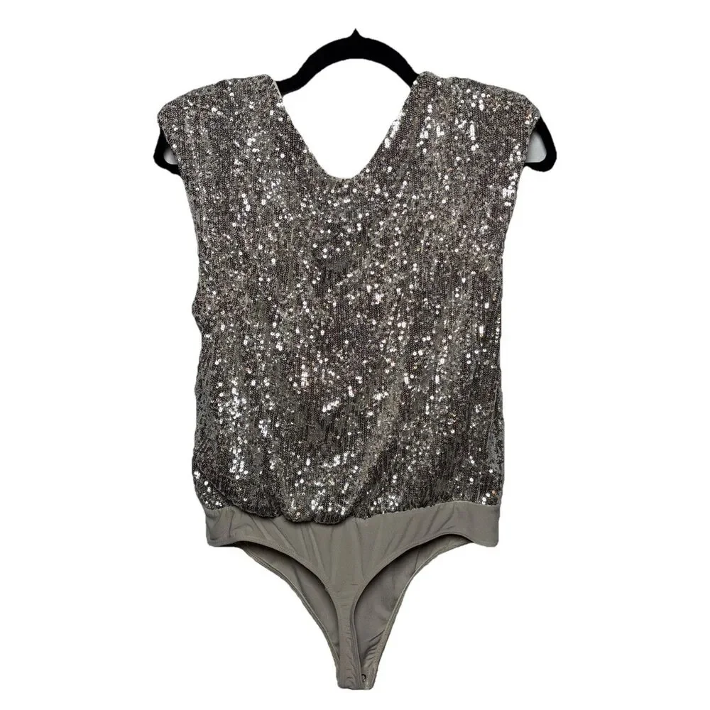 Express Womens Small Silver Sequin Sparkly Stretchy Bodysuit Y2K Glam party - Picture 2 of 7